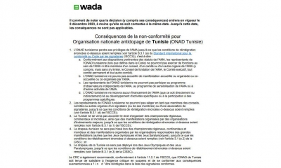 وكالة مكافحة المنشطات تمنع تونس من تنظيم التظاهرات الرياضية