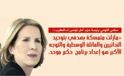 سلمى اللومي رئيسة حزب أمل تونس لـ«المغرب»: «مازلت متمسكة بهدفي بتوحيد الندائيين والعائلة الوسطية والتوجه الأكبر هو إعداد برنامج حكم موحد..»